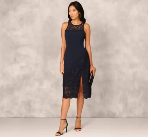 Adrianna Papell Crepe Lace Midi Dress In TWILIGHT Cheap
