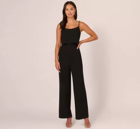 Adrianna Papell Crepe Popover Jumpsuit With Chain Straps In BLACK Outlet