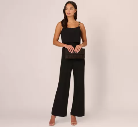 Adrianna Papell Crepe Popover Jumpsuit With Chain Straps In BLACK Outlet