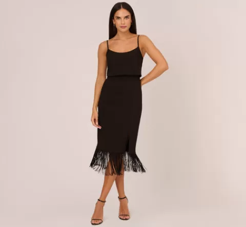 Adrianna Papell Crepe Popover Midi Dress With Fringe Trim In BLACK Shop