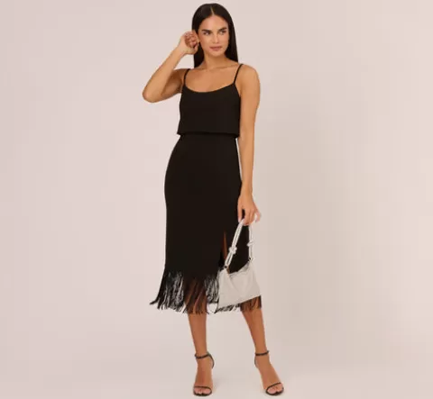 Adrianna Papell Crepe Popover Midi Dress With Fringe Trim In BLACK Shop