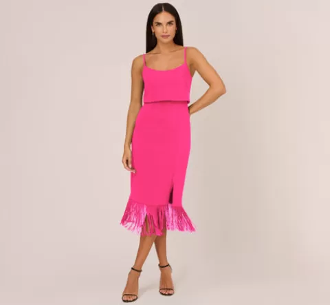 Adrianna Papell Crepe Popover Midi Dress With Fringe Trim In LIPSTICK Outlet