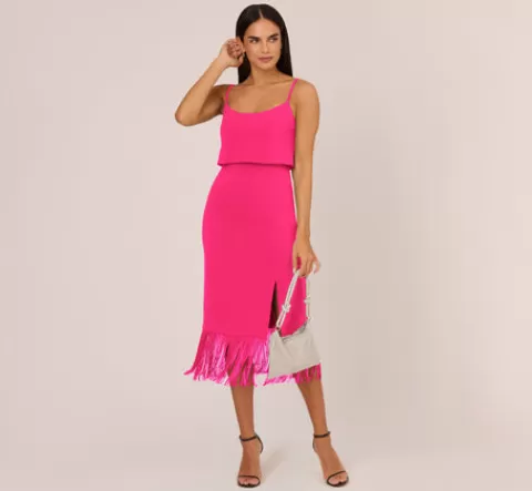Adrianna Papell Crepe Popover Midi Dress With Fringe Trim In LIPSTICK Outlet