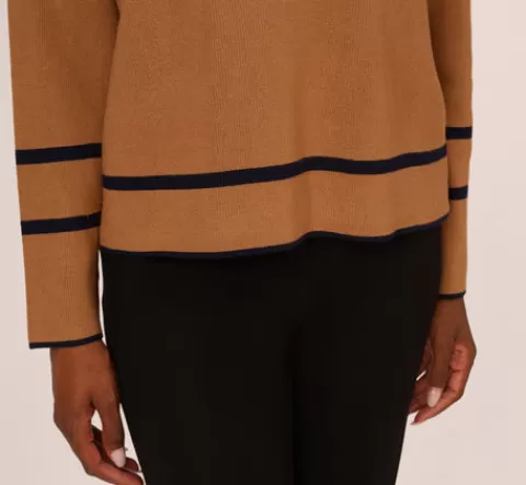 Adrianna Papell Crew Neck Pullover Sweater With Tipped Details In Camel Bluemoon CAMEL-BLUEMOON Hot