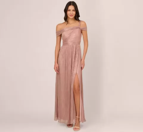Adrianna Papell Crinkle Metallic Gown With Asymmetrical Neckline In Petal Gold PETAL-GOLD Cheap