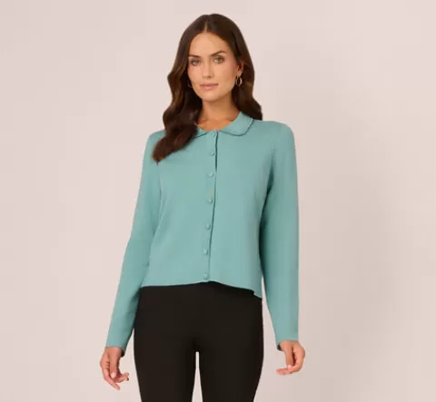 Adrianna Papell Crochet Trim Button Down Cardigan Sweater In AQUA Discount
