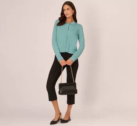 Adrianna Papell Crochet Trim Button Down Cardigan Sweater In AQUA Discount