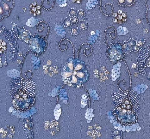 Adrianna Papell 3D Floral Beaded Mermaid Gown With Sheer Short Sleeves In French Blue FRENCHBLUE Clearance