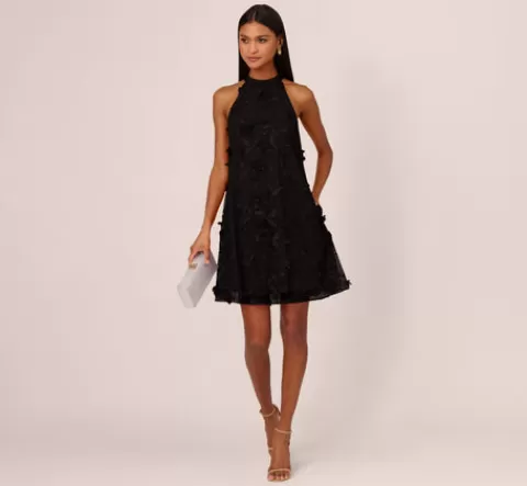 Adrianna Papell 3D Floral Embroidered Trapeze Dress With Open Bow Back In BLACK Cheap