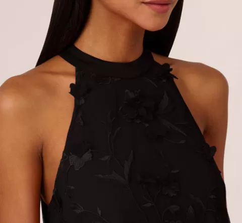 Adrianna Papell 3D Floral Embroidered Trapeze Dress With Open Bow Back In BLACK Cheap