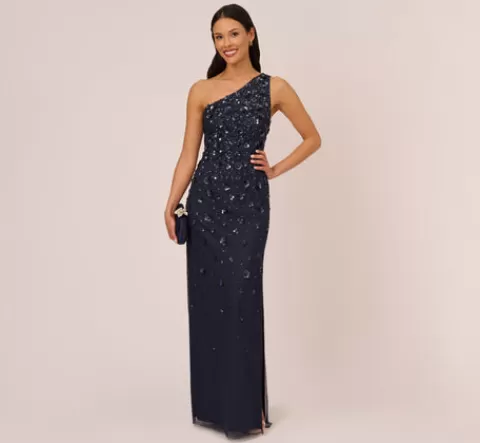 Adrianna Papell 3D Floral Hand-Beaded One-Shoulder Long Column Gown In Dusty Navy DUSTYNAVY Hot
