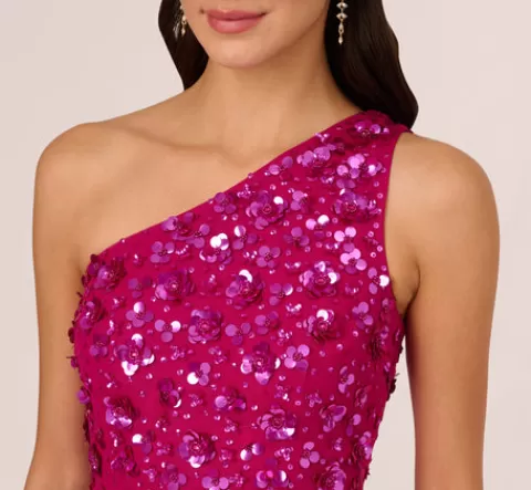 Adrianna Papell 3D Floral Hand-Beaded One-Shoulder Long Column Gown In Hot Orchid HOTORCHID Hot