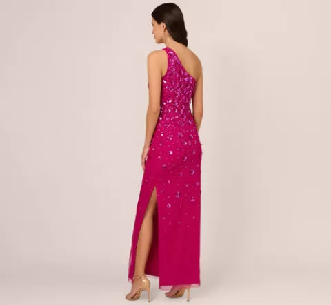 Adrianna Papell 3D Floral Hand-Beaded One-Shoulder Long Column Gown In Hot Orchid HOTORCHID Hot
