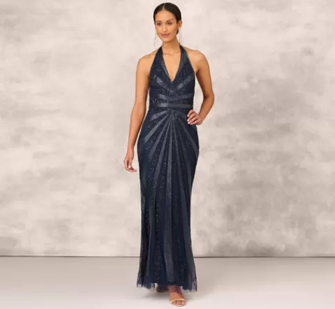 Adrianna Papell Dazzling Beaded Halter Gown With Deep V-Neckline In NAVY Hot