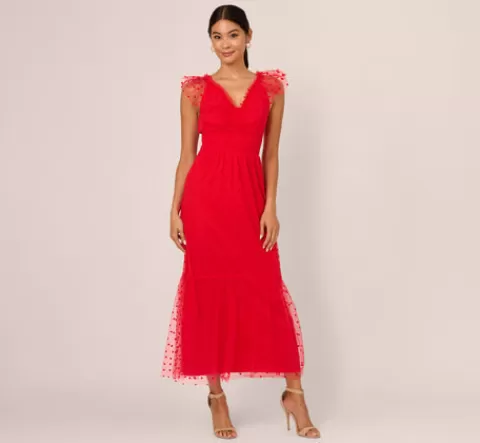 Adrianna Papell Dot Tulle Ruffle Dress In RED Cheap