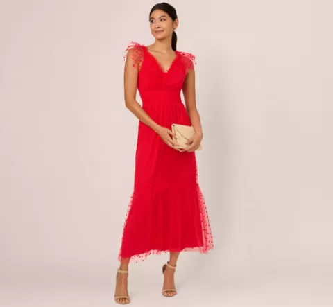 Adrianna Papell Dot Tulle Ruffle Dress In RED Cheap