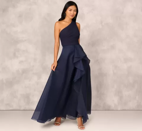Adrianna Papell Draped Organza One Shoulder Ballgown In TWILIGHT Cheap