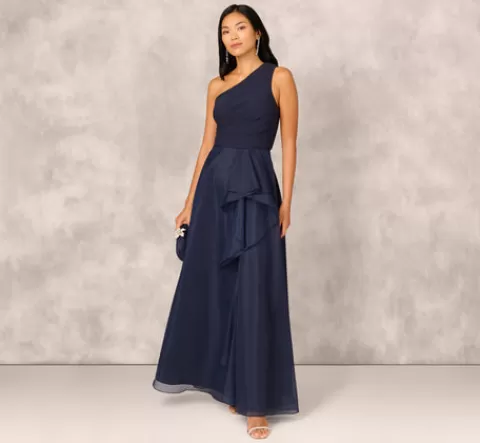 Adrianna Papell Draped Organza One Shoulder Ballgown In TWILIGHT Cheap