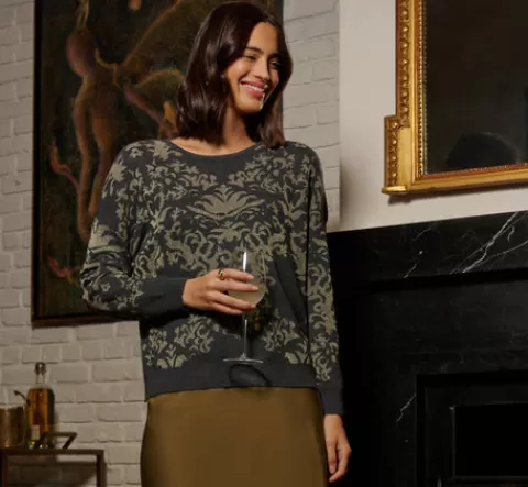 Adrianna Papell Drop Shoulder Metallic Knit Sweater In Slate Grey Gold SLATEGREY-GOLD Clearance