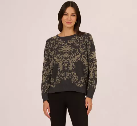Adrianna Papell Drop Shoulder Metallic Knit Sweater In Slate Grey Gold SLATEGREY-GOLD Clearance