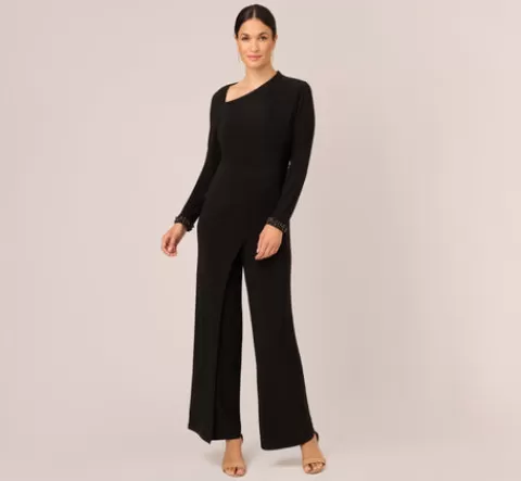 Adrianna Papell Embellished Jersey Jumpsuit With Asymmetric Neck In BLACK New