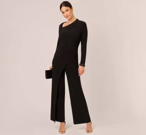 Adrianna Papell Embellished Jersey Jumpsuit With Asymmetric Neck In BLACK New