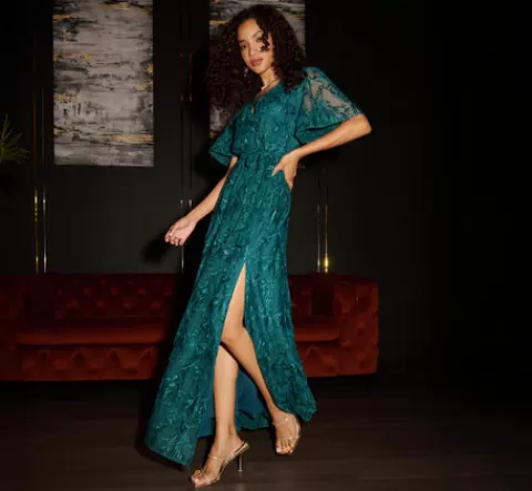 Adrianna Papell Embroidered Lace Maxi Dress In HUNTER Clearance