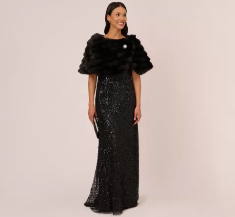 Adrianna Papell Faux Fur Wrap With Stone Brooch In BLACK Best Sale