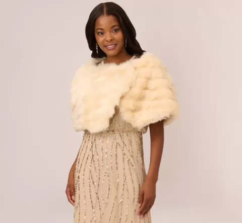 Adrianna Papell Faux Fur Wrap With Stone Brooch In CHAMPAGNE Flash Sale