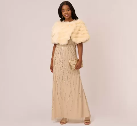 Adrianna Papell Faux Fur Wrap With Stone Brooch In CHAMPAGNE Flash Sale