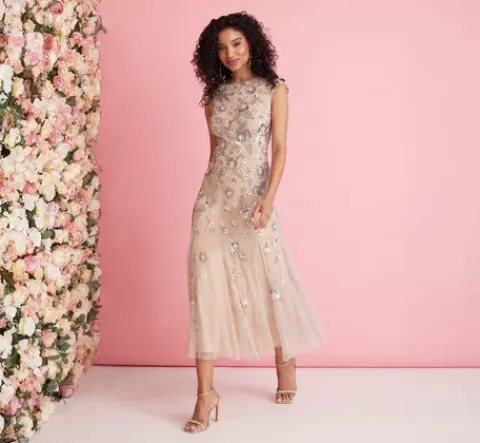 Adrianna Papell Floral Beaded Ankle Length Gown In Silver Nude SILVER-NUDE Store