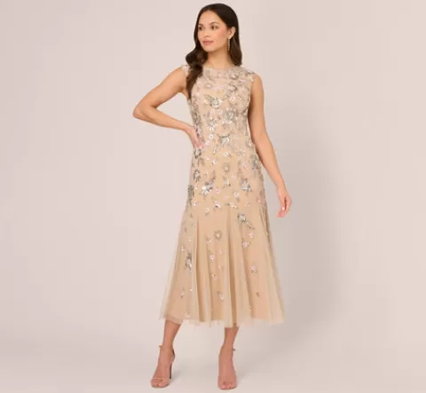 Adrianna Papell Floral Beaded Ankle Length Gown In Silver Nude SILVER-NUDE Store