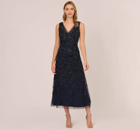 Adrianna Papell Floral Beaded Ankle Length Sleeveless Gown In NAVY Best