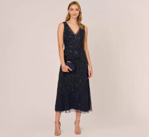 Adrianna Papell Floral Beaded Ankle Length Sleeveless Gown In NAVY Best