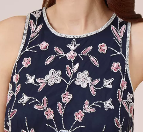 Adrianna Papell Floral Beaded Blouson Tea Length Dress In Navy Blush NAVY-BLUSH Online