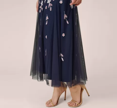 Adrianna Papell Floral Beaded Blouson Tea Length Dress In Navy Blush NAVY-BLUSH Online