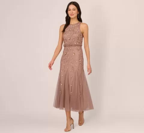 Adrianna Papell Floral Beaded Blouson Tea Length Dress In STONE Store