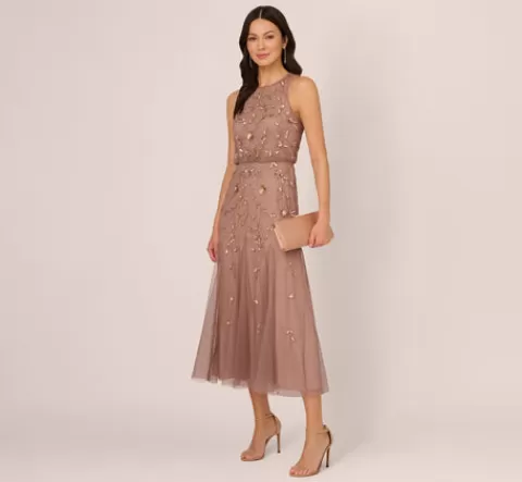 Adrianna Papell Floral Beaded Blouson Tea Length Dress In STONE Store