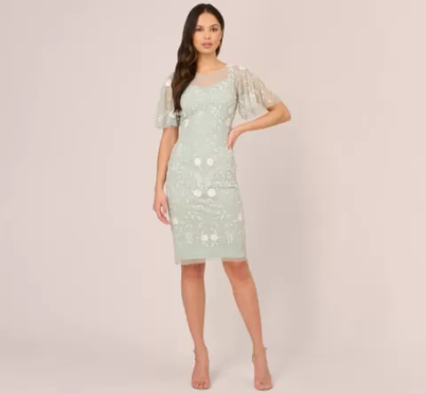 Adrianna Papell Floral Beaded Dress With Sheer Flutter Sleeves In Icy Sage Ivory ICYSAGE-IVORY Cheap