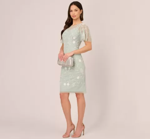Adrianna Papell Floral Beaded Dress With Sheer Flutter Sleeves In Icy Sage Ivory ICYSAGE-IVORY Cheap