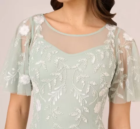 Adrianna Papell Floral Beaded Dress With Sheer Flutter Sleeves In Icy Sage Ivory ICYSAGE-IVORY Cheap