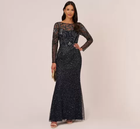 Adrianna Papell Floral Beaded Dress With Sheer Long Sleeves In MIDNIGHT Cheap