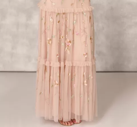 Adrianna Papell Floral Beaded Tiered Gown With Ruffle Details In Pink Multi PINKMULTI Hot