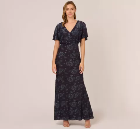 Adrianna Papell Floral Burnout Velvet Long Blouson Gown In MIDNIGHT Best Sale