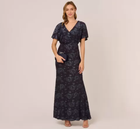 Adrianna Papell Floral Burnout Velvet Long Blouson Gown In MIDNIGHT Best Sale
