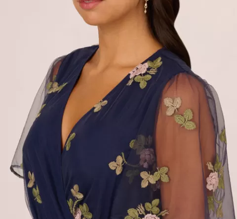 Adrianna Papell Floral Embroidered Maxi Dress With Sheer Flutter Sleeves In Navy Multi NAVYMULTI Cheap