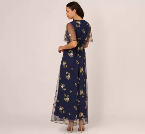 Adrianna Papell Floral Embroidered Maxi Dress With Sheer Flutter Sleeves In Navy Multi NAVYMULTI Cheap