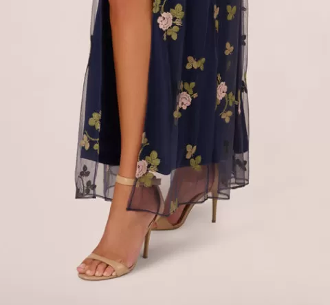 Adrianna Papell Floral Embroidered Maxi Dress With Sheer Flutter Sleeves In Navy Multi NAVYMULTI Cheap