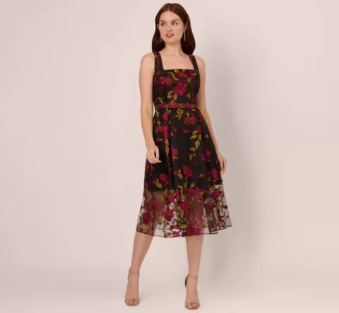 Adrianna Papell Floral Embroidered Midi Dress With Sheer Hem In Pink Black PINK-BLACK Online