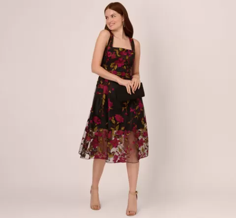 Adrianna Papell Floral Embroidered Midi Dress With Sheer Hem In Pink Black PINK-BLACK Online